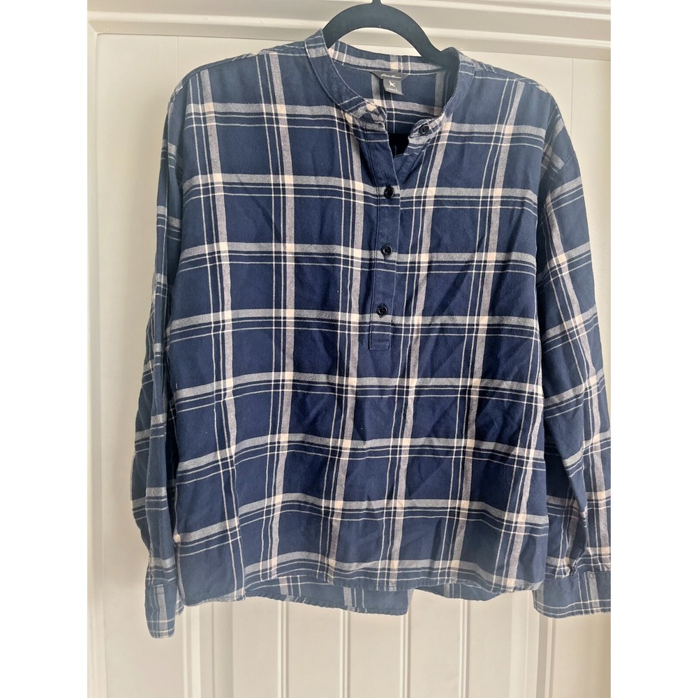 Eddie Bauer Women's Blue Plaid Fremont Flannel Popover Cross Over Shirt Sz Large